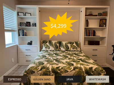 Savona Queen Vertical Wall Bed with Hidden Flip Leg, 2 Long Black Bar Handles on Bed Face, Side Storage Pier Cabinets shown in Solid Bright White on Maple